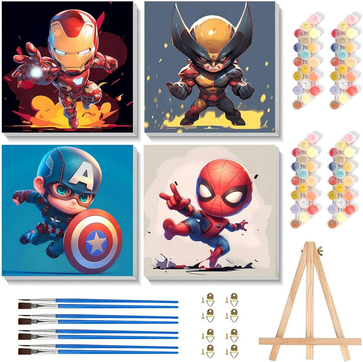 4 Pack Cartoon Paint by Number for Kids with Wooden Frame-Paint by Numbers for Kids Ages 4-8-12, DIY Paints with Numbers Easy Acrylic Oil Painting Kits for Home Wall Decor (8X8Inch)