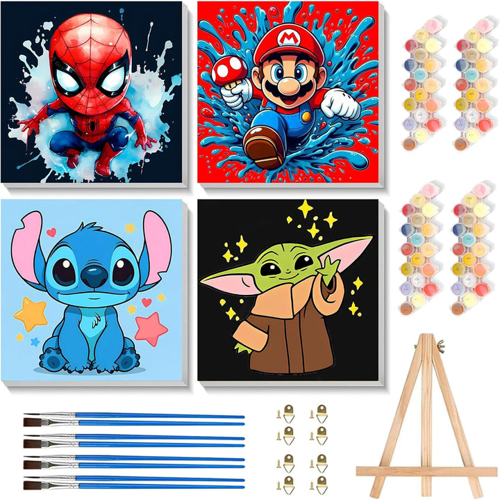 4 Pack Cartoon Paint by Number for Kids with Wooden Frame-Paint by Numbers for Kids Ages 4-8-12, DIY Paints with Numbers Easy Acrylic Oil Painting Kits for Home Wall Decor (8X8Inch)