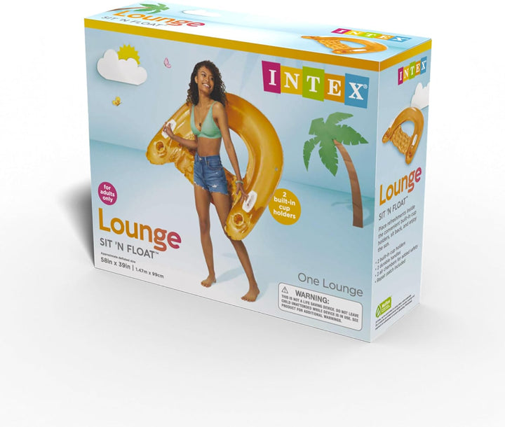 58859EP Sit 'N Float Inflatable Pool Float: Pool Lounge with Built-In Cup Holders – Heavy-Duty Handles – 220Lb Weight Capacity – 58" X 39" – Colors May Vary