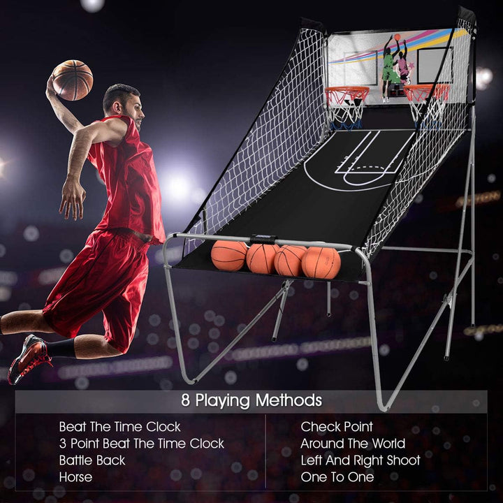Foldable Basketball Arcade Game, 8 Game Options, Electronic Double Shot 2 Player W/ 4 Balls and LED Scoring System, Indoor Basketball Game for Kids, Adults