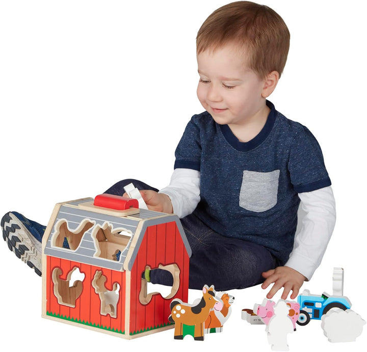 Wooden Take-Along Sorting Barn Toy with Flip-Up Roof and Handle, 10 Wooden Farm Play Pieces - Farm Toys, Shape Sorting and Stacking Learning Toys for Toddlers and Kids Ages 2+