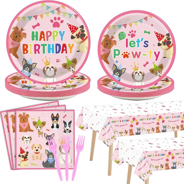 98Pcs Dog Birthday Party Decorations Puppy Tableware Set Plates Napkins Pink Dog Theme Tablecloth for Girls Birthday Lets Pawty Party Supplies Kit Pet Dog Table Cover Dinnerware Paw Print Party Favors