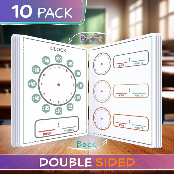 10 Pack Telling Time Teaching Sheets - 9'X12' Dry Erase Learning Clocks for Kids Homeschooling Supplies