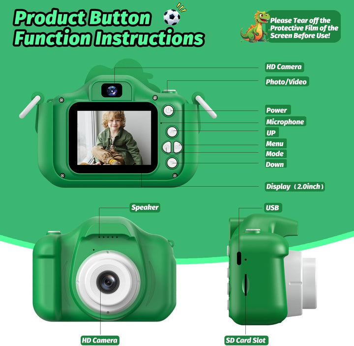 Dinosaur Kids Camera for Boys Girls, Toddler Digital Selfie Camera with Cute Protective Cover and 32G SD Card, Christmas Birthday Gifts Toys for 3 4 5 6 7 8 9 10 11 12 Years Old Little Girls and Boys