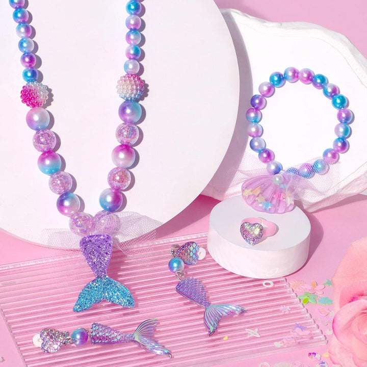Mermaid Toys Princess Mermaid Jewelry for Girls Mermaid Necklace Bracelet Ring Earrings for Kids, Mermaid Accessories Set for Girls Age 3-8 Mermaid Costume Birthday Party