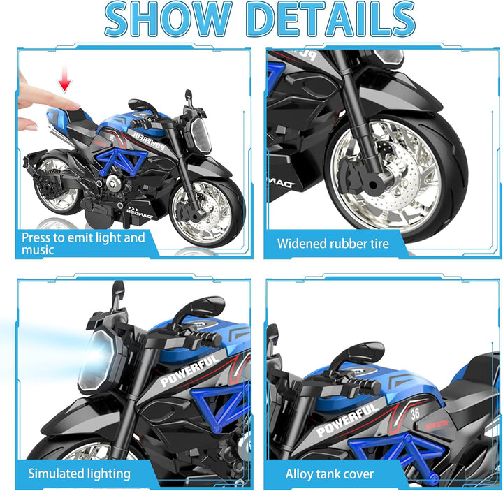 Alloy Metal Diecast Motorcycle Model Toy Set, 4 Pack of 1:12 Scale Die-Cast Motorcycles with Light&Sounds, Pull Back Function Toy Moto Bike for Kids Boys Girls and Collectors Ages 3 and Up