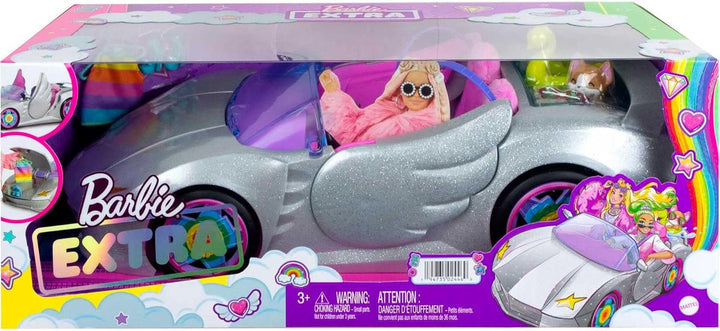 Extra Toy Car with Fashion Accessories & Puppy, Sparkly Silver 2-Seater Convertible with Hood Storage & Pet Pool, Sized for Fashion Dolls