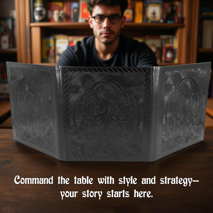 DM Screen – 3-Panel Travel-Ready Dungeon Master Screen with Transparent Pockets, PU Leather GM Screen, Wet-Erase Compatible, Compact Size for Portable Tabletop RPG Campaigns