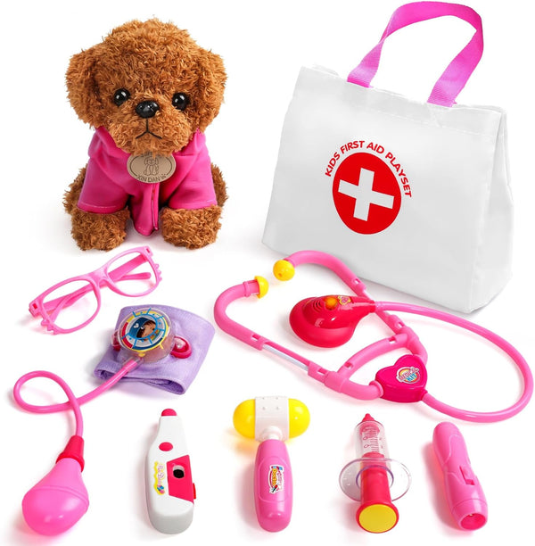 Doctor Kit for Toddlers 3-5, Kids Doctors Play Set with Plush Dog, Toy Stethoscope & Carrying Bag - Dress up Girl Toddler Toys for 2 3 4 Year Old Veterinarian Pretend Play Gifts (Pink)
