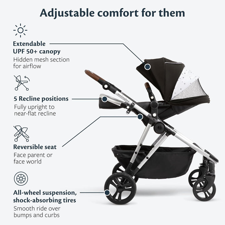 Single-To-Double Stroller 2.0 - Modular Full-Size Baby Stroller for 1, 2 or 3 Kids - Includes Cup Holder - Black