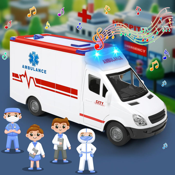 Toy Ambulance Boys Age 3-5 with 4 Different Flashing Lights & Sound, Back and Side Doors Open Friction-Powered Wheels Light up Toy Hospital Sets Buses Birthday Gift 3 4 Year Old and up Girl Boy Toys