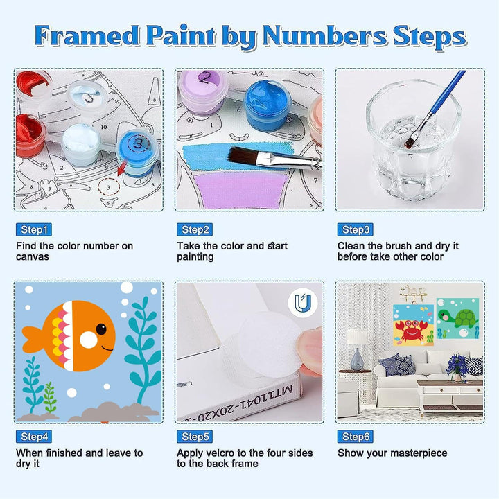 4 Pack Framed Paint by Numbers Kit for Kids,Cute Sea Animals Painting Kits for Ages 4-6,Easy Paint by Number Kids Paint for Beginner,Diy Acrylic Oil Painting Kit for Wall Decor(8X8Inch)