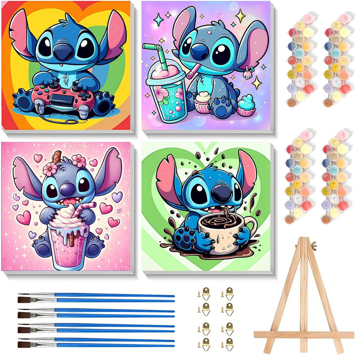 4 Pack Cartoon Paint by Number for Kids with Wooden Frame-Paint by Numbers for Kids Ages 4-8-12, DIY Paints with Numbers Easy Acrylic Oil Painting Kits for Home Wall Decor (8X8Inch)