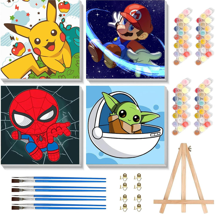 4 Pack Cartoon Paint by Number for Kids with Wooden Frame-Paint by Numbers for Kids Ages 4-8-12, DIY Paints with Numbers Easy Acrylic Oil Painting Kits for Home Wall Decor (8X8Inch)