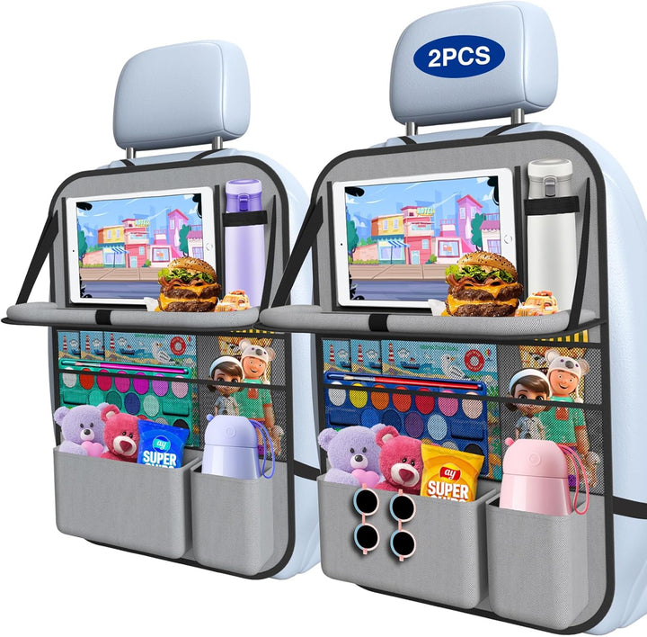 Car Backseat Organizer with Table Tray(2-Pack) 9 Storage Pockets Backseat Car Organizer and Storage with Tablet Holder, Kick Mats Back Seat Cover for Kids Family Road Trip Essentials Travel