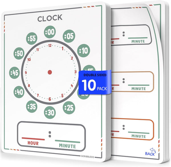 10 Pack Telling Time Teaching Sheets - 9'X12' Dry Erase Learning Clocks for Kids Homeschooling Supplies