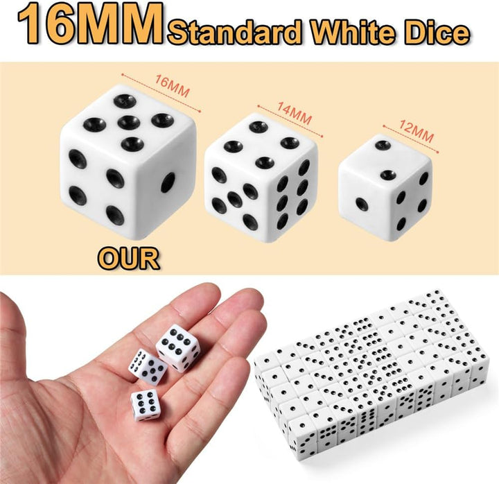 100 Pieces White Dice Set, 16MM Standard Game Dices, Opaque Six-Sided Dice with Pouch, Black Dot Bulk White Dice for Group Event, Board Games, Classroom Math