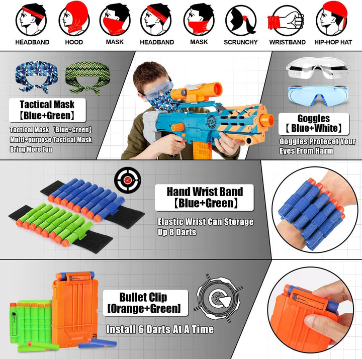 2PACK Kids Tactical Vest Kit for Nerf Guns N-Strike Elite Series for Boys Girls, with 60 Refill Darts, Dart Pouch, Tactical Mask, Reload Clips, Protective Glasses (Blue+Green)