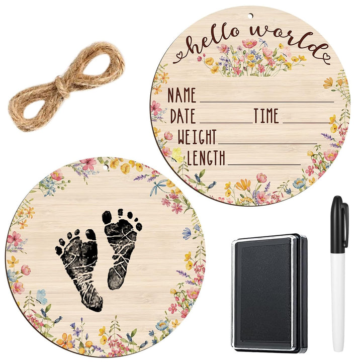 Baby Announcement Wooden Name Sign for Hospital Birth Double Sided Newborn Welcome Sign with Marker Pen and Ink Pad for Baby Shower Hand Footprints(Jungle)