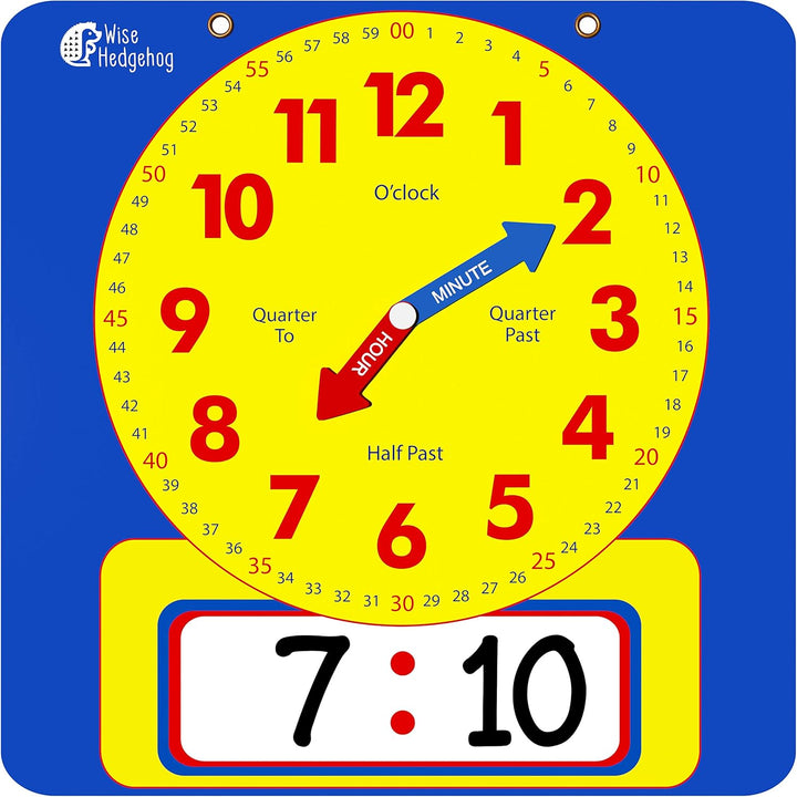 Large Dry Erase Magnetic Teaching Demonstration Clock, Kids Telling Time Learning Clock for Analog and Digital Time, Labelled Minute & Hour Hands, for School Classrooms & Homeschool Supplies