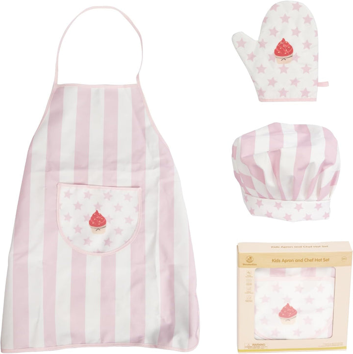Kid Apron and Chef Hat Set, 3 Pcs Children Cooking Baking Set Kits Role Play Chef Toy Kid Cooking Gift for Girls Boys (Pink)
