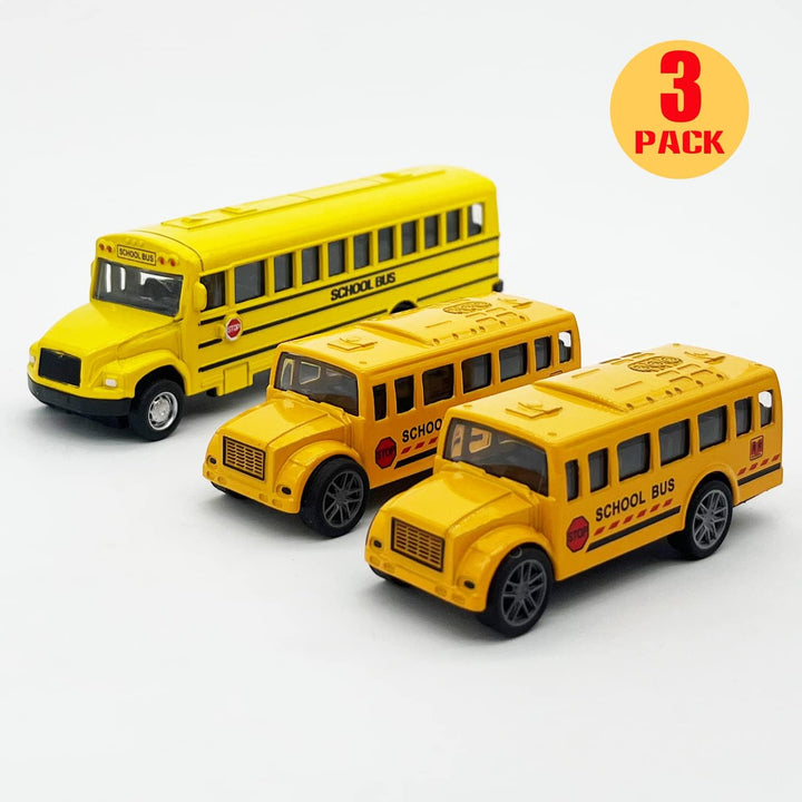 3 Pack Pull Back School Bus Playset, Die-Cast Metal Toy Vehicles with Bright Yellow for Boys Girls Kids Toddlers