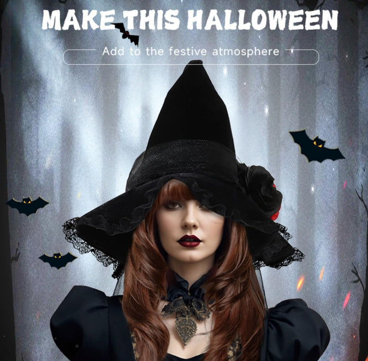 Gothic Witch Hat with Lace Trim, Black Velvet, Red Rose, Halloween Costume Accessory
