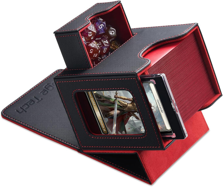 Card Deck Box for MTG Commander - Patented Design, Commander Display, Fits 100 Double-Sleeved Cards, 35Pt Card Brick & Dice Tray - Black/Green