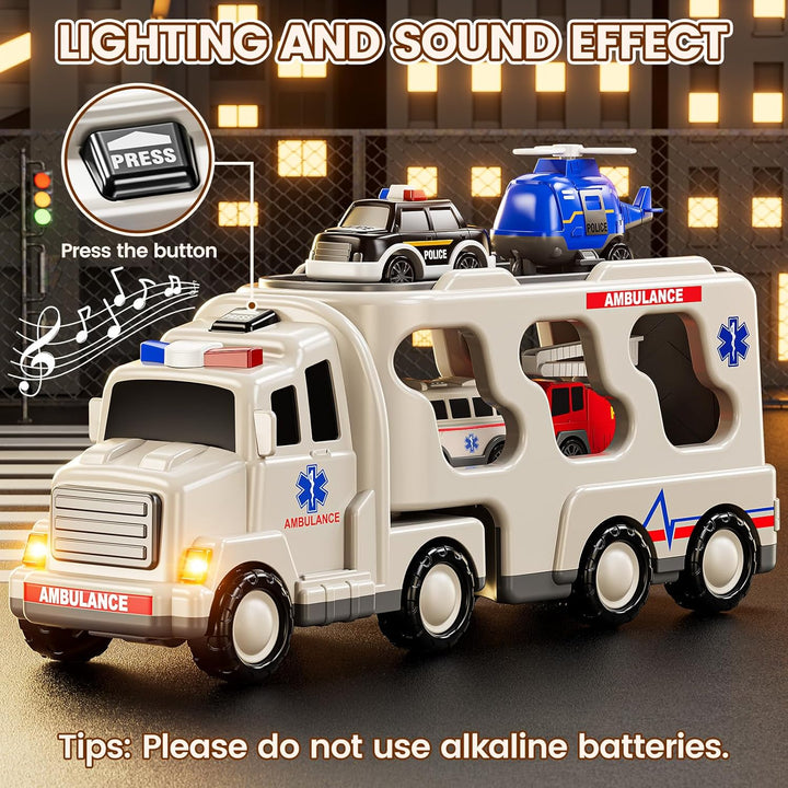5-In 1 Play Ambulance Toy Vehicle Toddler Truck Toys for 3 4 5 6 7 Year Old Boys - Friction Powered Cars with Light and Sound, Police Car, Fire Truck, Ambulance Car, Birthday Gifts for Kids