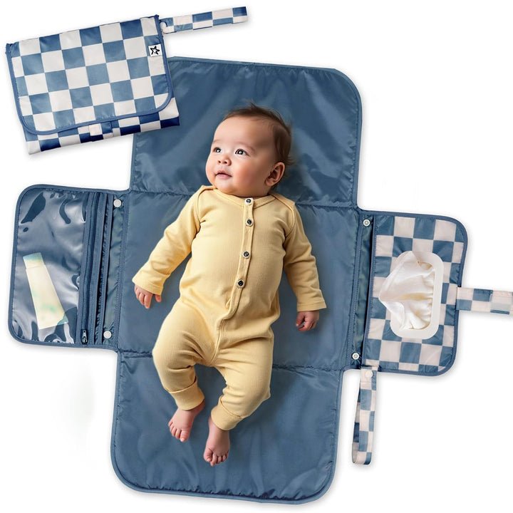Portable Diaper Changing Pad-Foldable Waterproof Changing Mat&Portable Changing Pad for Travel,Baby Changing Station with Smart Wipes Pocket&Storage (Sage Checkers)