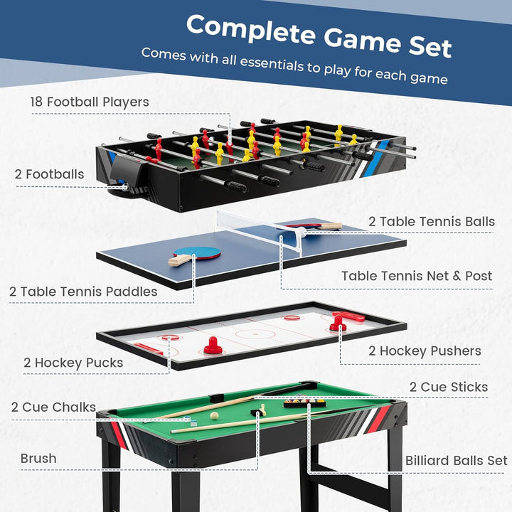 4 in 1 Multi Game Table, 49" Combo Game Table with Foosball Table, Pool Billiards, Air Hockey & Table Tennis for Kids Adults Family Game Room