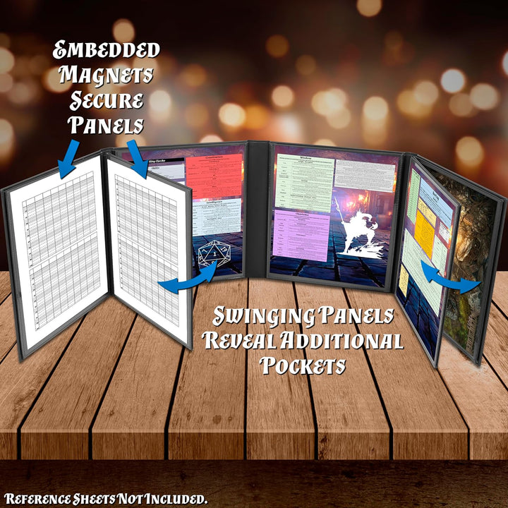 DM Screen Faux Leather 8-Panel Deluxe GM Screen - Eight Panel Folding Dungeon Master Screen with 2 Swinging Panels and Wet Erase Pockets for Ttrpgs - Inserts Not Included