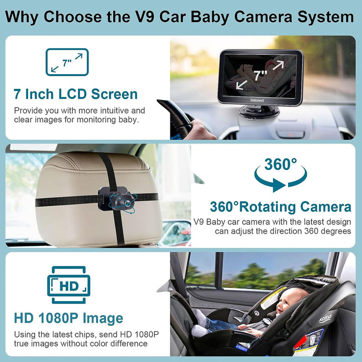 Baby Car Camera 7-Inch: USB Plug and Play Easy Setup 360 Degree Rotating Backseat Camera Two Kids HD 1080P Rear Facing Car Seat Cameras Clear Night Vision -V9