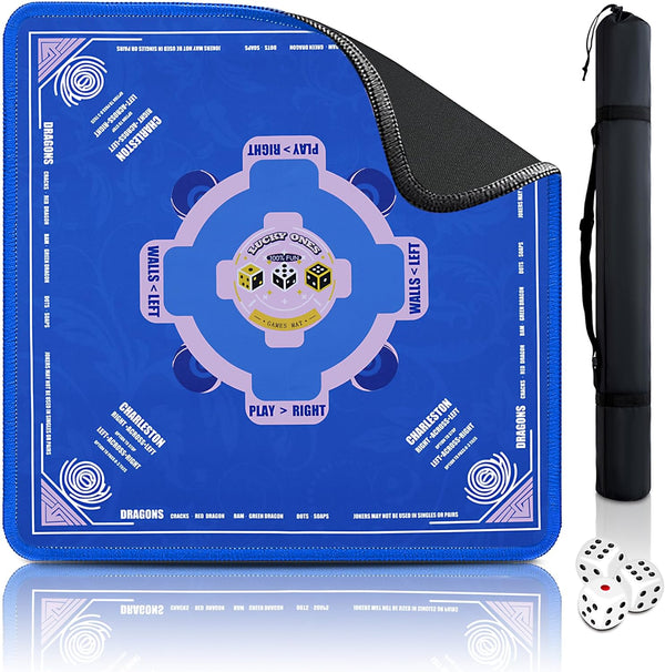 Mahjong Mat (33"X33") Noise Reduction Non-Slip, American Mahjong Mat for Table with 3 Dice & Carrying Bag, Waterproof Surface Mah Jongg Mats for Poker, Card, Dominoes, Board & Tile Games (Blue)
