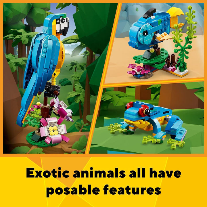 Creator 3 in 1 Exotic Parrot Building Toy Set, Transforms to 3 Different Animal Figures - from Colorful Parrot, to Swimming Fish, to Cute Frog, Creative Toys for Kids Ages 7 and Up, 31136