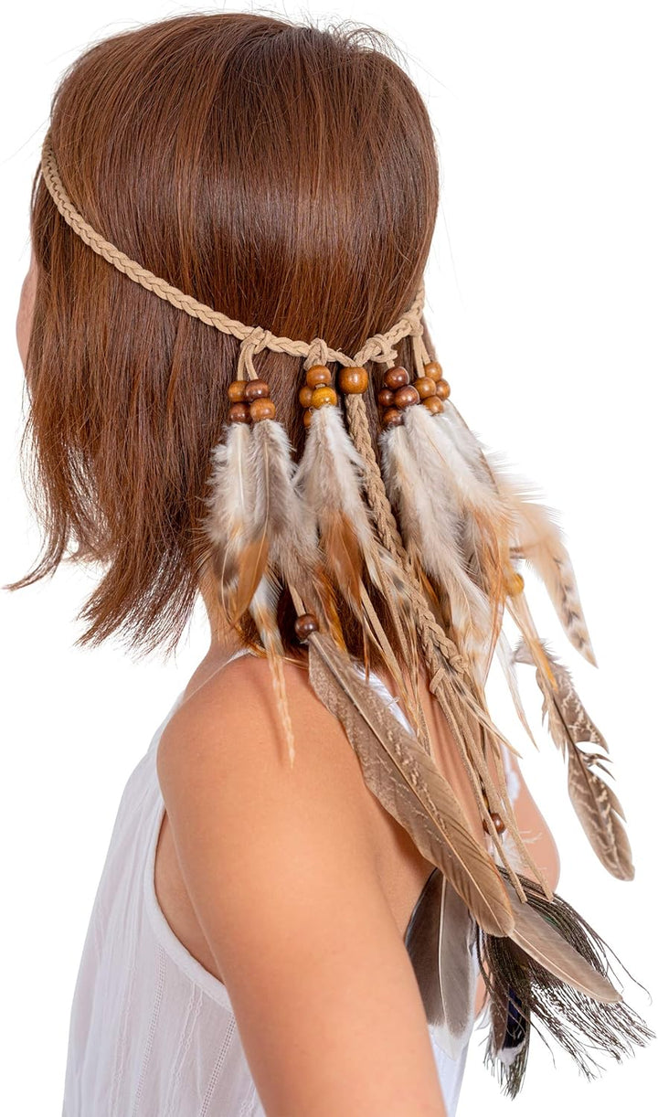 Indian Feather Headband Accessories - Native American Tribal Costume Head Dress with Feathers for Women and Kids