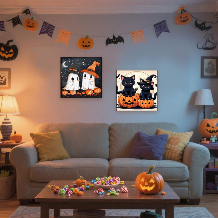 2 Pack Paint by Numbers Kit for Kids with Frame-Wooden Easel, Halloween Paint by Numbers for Kids Ages 4 8 12, Easy Halloween Acrylic Oil Painting Kits for Home Wall Decoration 8X8 Inch