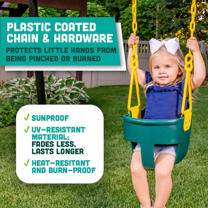 Premium High Back Full Bucket Toddler Swing Seat with Finger Grip, Plastic Coated Chains and Carabiners for Easy Install - Green -