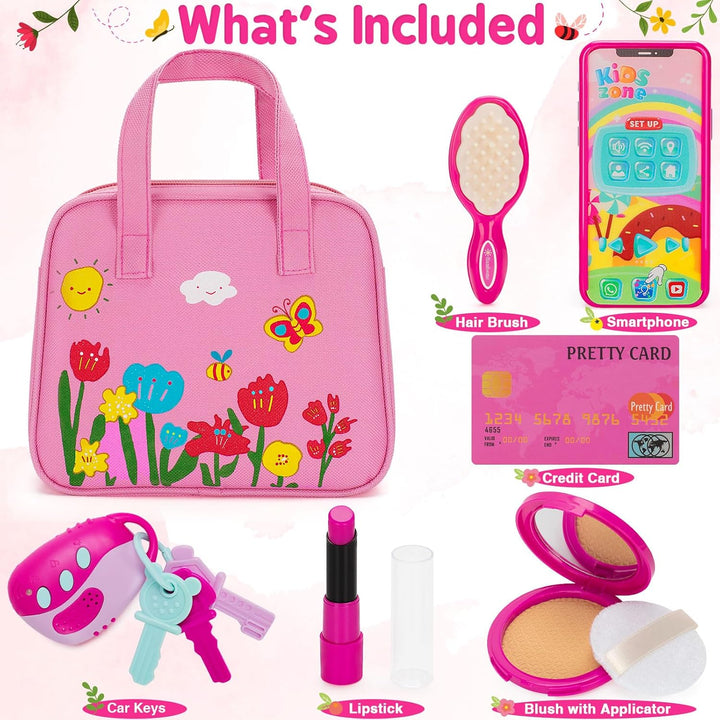 Play Purse Toy for Girls 1 2 3 Years Old, Toddler Purse Girl Toys with Pretend Makeup Kit, Pretend Princess Play Toys for Little Girls, Birthday for Toddler Girls Age 2-3
