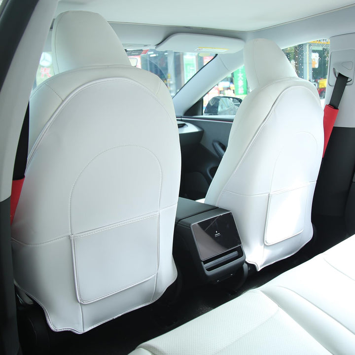 Seat Back Kick Protector for Tesla Model Y Model 3 Model S Model X Leather Backseat Mats for Kids Wear-Resistant Back Seat Cover with Extra Organizer Pocket 2 PCS -White
