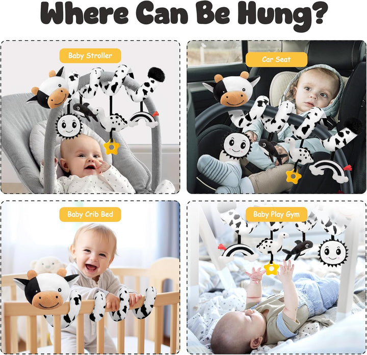 Spiral Car Seat Baby Toys 0-6 Months, Infant Carseat High Contrast Sensory Toys Hanging Stroller Accessories, Newborn Gifts for Baby Boys Girls Essentials, Cute Black and White Cow