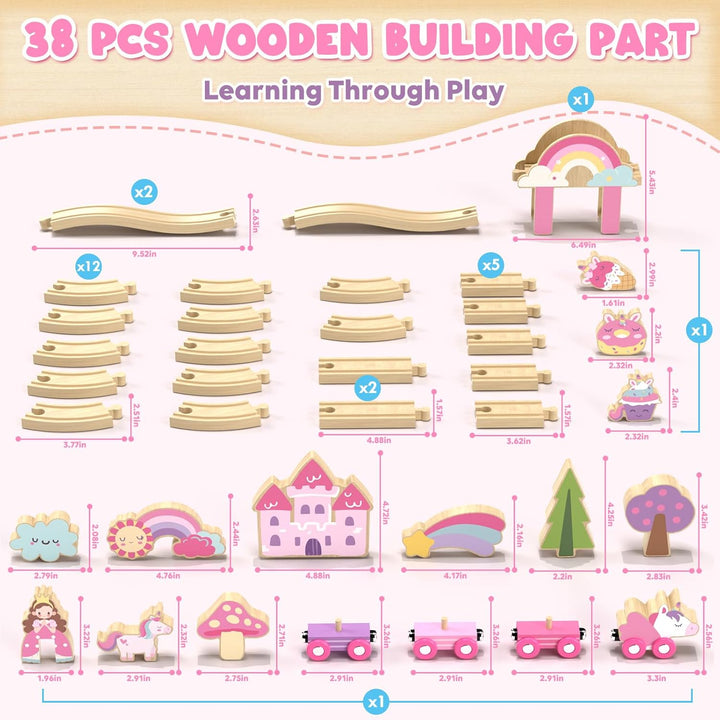 Wooden Train Set, Train Set for Toddlers 2-4, Wooden Train Track for Girls, Unicorn Toys for Girls Age 4-6, Toys for 3 4 5 6 Year Old Girl