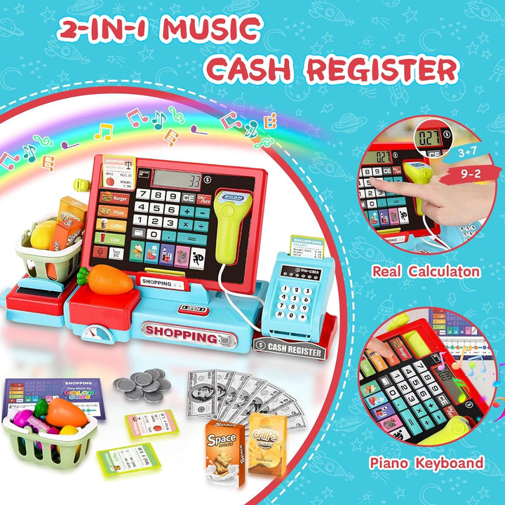 Cash Register Playset Toy for Kids, Real Calculator Register, Pretend Play Store with Music, Scanner, Play Money, Food, Preschool Learning Toy Playset Gift (Blue Red)