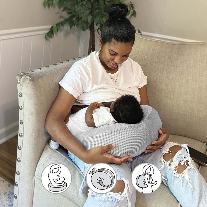 Anywhere Travel Nursing Pillow, Soft Gray, plus Sized to Petite with Stretch Belt, Portable Nursing Pillow, Breastfeeding and Bottle-Feeding Support, Machine Washable