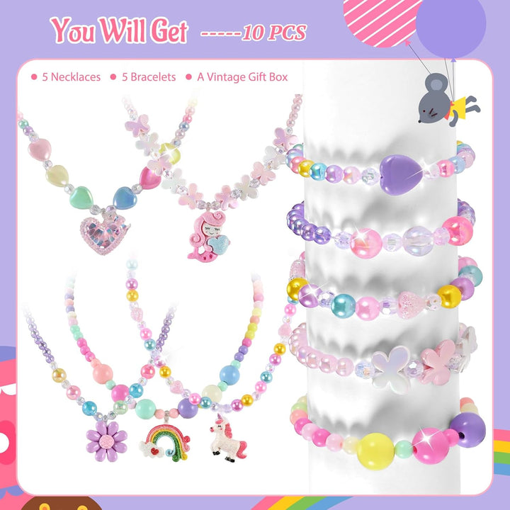 10Pcs Kids Jewelry for Girls -5 Necklaces, 5 Bracelets, Little Girls Jewelry Kids Mermaid Necklace for Girls, Toddler Jewelrys Necklace Birthday Christmas Gift Age 3 4 6 8