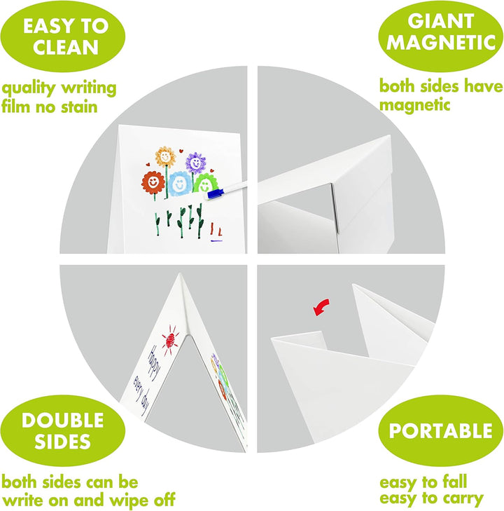 Magnetic Tabletop Desktop Easel &Whiteboard with Bonus 8X Dry Erase Markers. Double Sided and Self-Standing (16” X 12.5”)