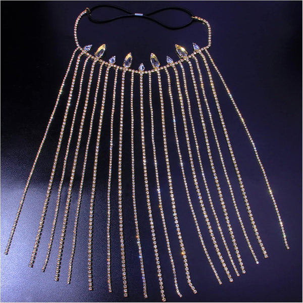 Zircon Rhinestone Long Tassel Hair Chain Wedding Bling Elastic Head Chain Jewelry Bride Accessories for Women(Gold-Color)