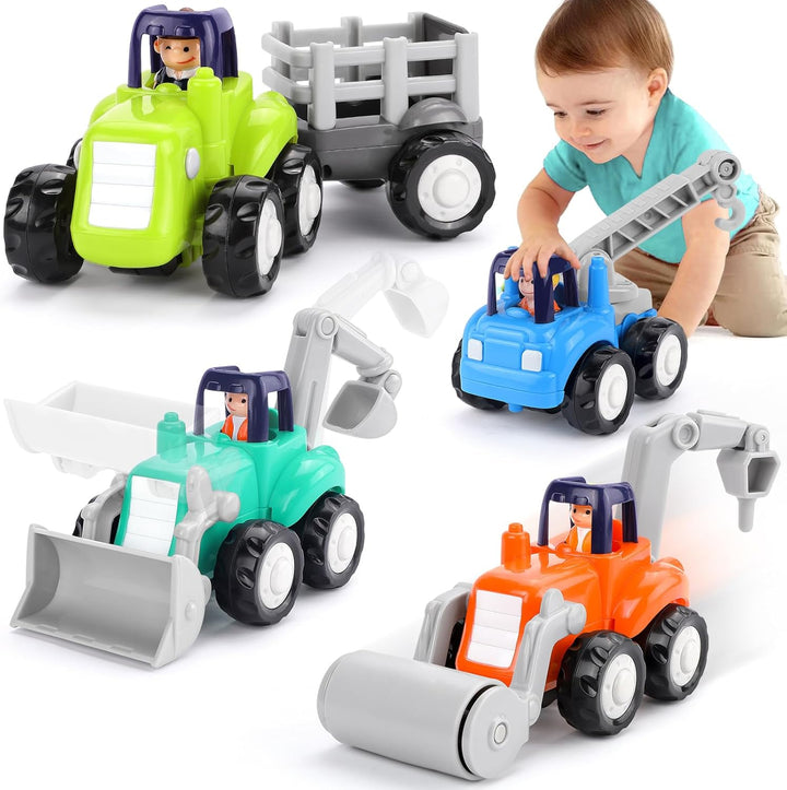 Inertia Toy Early Educational Toddler Baby Toy Friction Powered Cars Push and Go Cars Tractor Bulldozer Dumper Cement Mixer Engineering Vehicles Toys for Children Boys Girls Kids Gift 4PCS