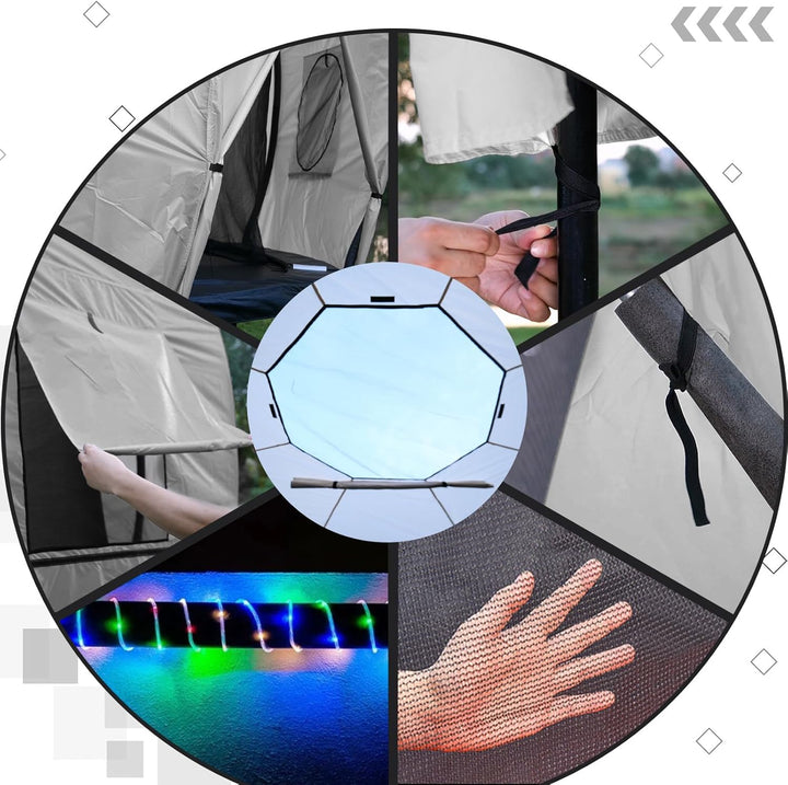 10FT/12FT/14FT Trampoline Tent(Tent Only), Fit round Trampolines, Shade Cover with LED Light, Outdoor Trampolien Accessories, Anti-Tear, Beige