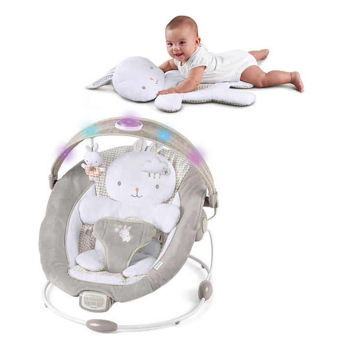 Inlighten Baby Bouncer Infant Seat with Light up -Toy Bar, Vibrations, Tummy Time Pillow & Sounds, 0-6 Months up to 20 Lbs (Twinkle Tails Bunny)